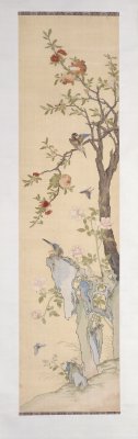 图片[1]-Double Sparrow Scroll with Tapestry and Pomegranate Flowers-China Archive